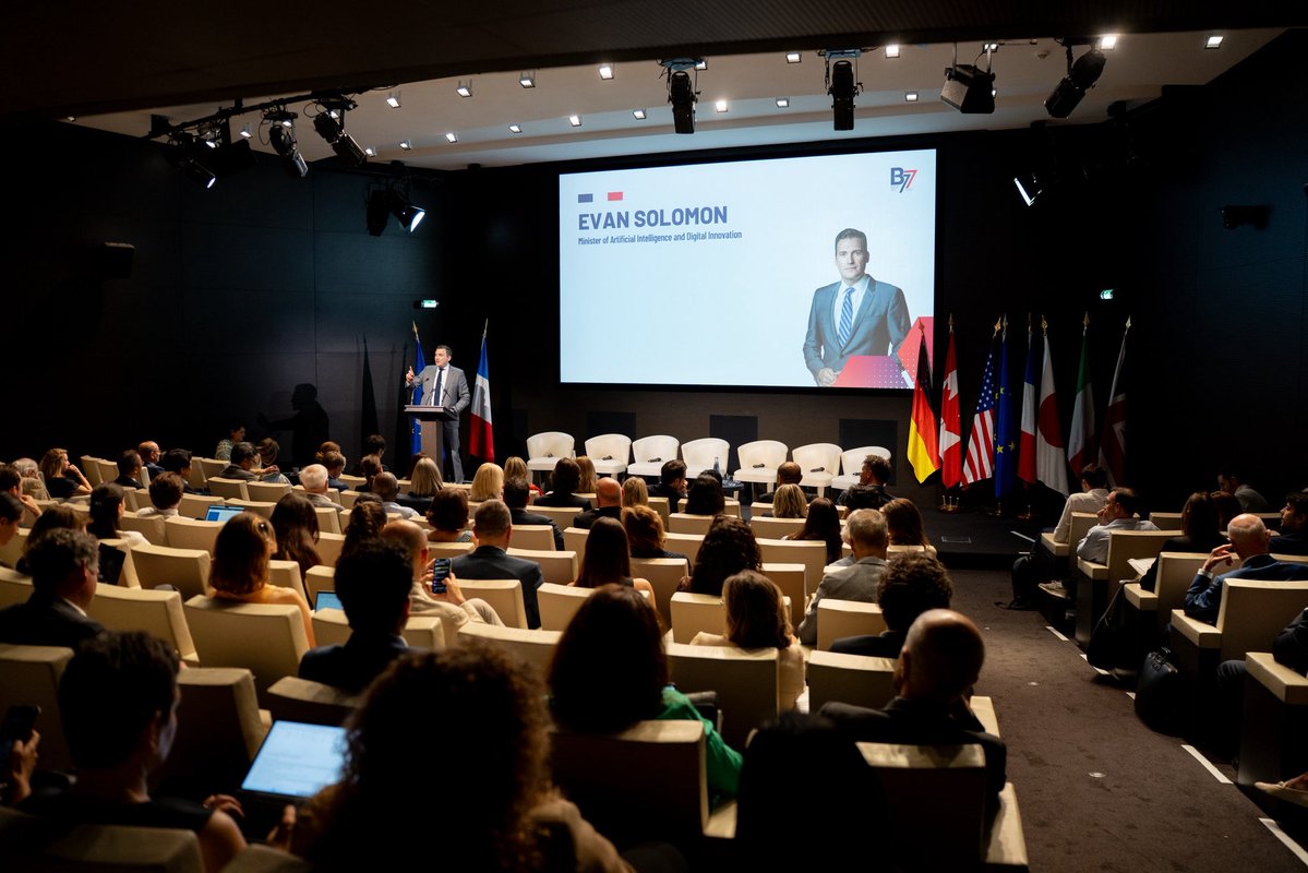 EvanLSolomon's tweet photo. AI is already transforming our economies. The question is whether democratic countries shape that transformation together or let it shape us.

Today, ahead of the G7 Digital and Technology Ministerial in Paris, I spoke about Canada’s vision for AI for All: accelerating adoption, building trust, protecting children online, and ensuring the benefits of AI reach everyone.

🇨🇦

L'IA est déjà en train de transformer nos économies. La question est de savoir si les pays démocratiques vont modeler cette transformation ensemble ou s'ils vont la laisser nous modeler.

Aujourd'hui, à la veille de la réunion ministérielle du G7 sur le numérique et les technologies à Paris, j'ai présenté la vision du Canada pour une IA au service de tous : accélérer son adoption, instaurer la confiance, protéger les enfants en ligne et veiller à ce que les avantages de l'IA bénéficient à tous.