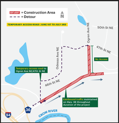 WrightCountyMN's tweet photo. The Wright County Highway Department has announced that construction on CSAH 36 at Ogren Avenue begins Monday, June 1 and will result in traffic being diverted. To learn more about this portion of the CSAH 36 project, click here: https://t.co/gsmV1MCKJ5 https://t.co/WeZuuFZcbY