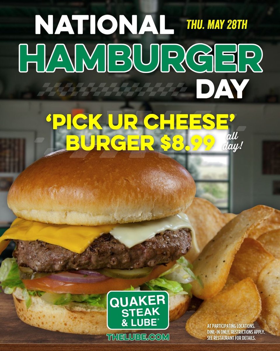 quakersteak's tweet photo. It's National Hamburger Day! Grab a 'Pick UR Cheese' Burger for only $8.99 all day today! Offer valid at participating QSL locations. https://t.co/1CErWCXs4s