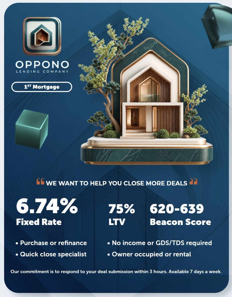 OpponoLending's tweet photo. ⭐️1st Mortgage Product⭐️
✅6.74% Fixed Rate
✅620-639 Beacon Score
✅75% LTV
✅Purchase or Refinance
✅No Income Or GDS/TDS Required
✅Quick Close Specialist
✅Owner Occupied Or Rental https://t.co/stfrAmVTeu