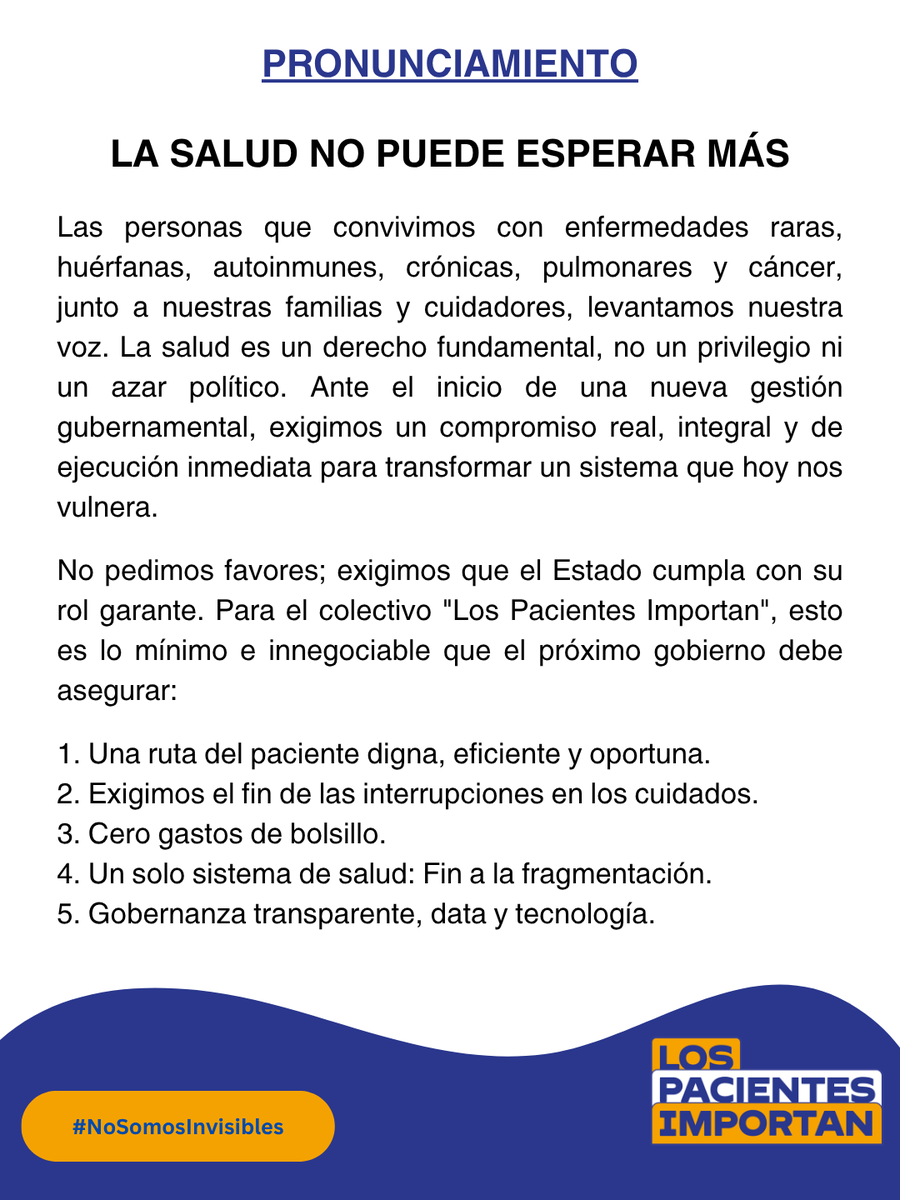 los_pacientes's tweet photo. 🆘¡La salud no puede esperar más!
Los integrantes del Colectivo #LosPacientesImportan levantamos nuestra voz, la salud es un derecho fundamental, no un privilegio ni un azar político. Esto es lo mínimo e innegociable que el próximo gobierno debe asegurar en materia de salud👇 https://t.co/jmOsTVkkvS