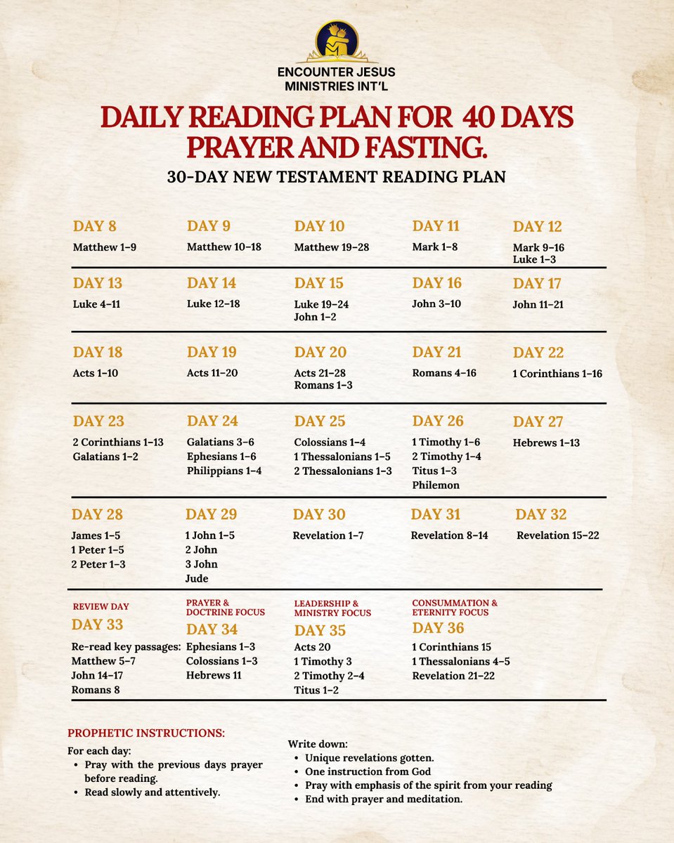 Apostleorokpo's tweet photo. DAILY READING PLAN FOR 40 DAYS PRAYER & FASTING
(30-Day New Testament Reading Plan)

Journey with us through the New Testament as we pray, 
fast, and grow in intimacy with God.

Each day is an opportunity to be strengthened, transformed, 
and aligned with His purpose through the Word