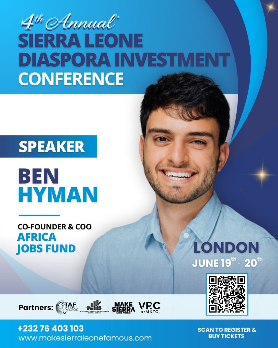 VickieRemoe's tweet photo. We are proud to announce that Ben Hyman, Co-Founder and COO of Africa Jobs Fund, will be sharing key insights at SLDIC 2026 London.

From investment and entrepreneurship to leadership and innovation, SLDIC continues to gather people driving impactful conversations for Sierra Leone and the diaspora community.

Don’t miss this for anything. 

📍Intercontinental Hotel Park Lane
🔗Register Here:  https://t.co/vll7OAnBNG 

#SLDIC2026LONDON #London #SierraLeone #InvestinSierraLeone #DiasporaInvestors
