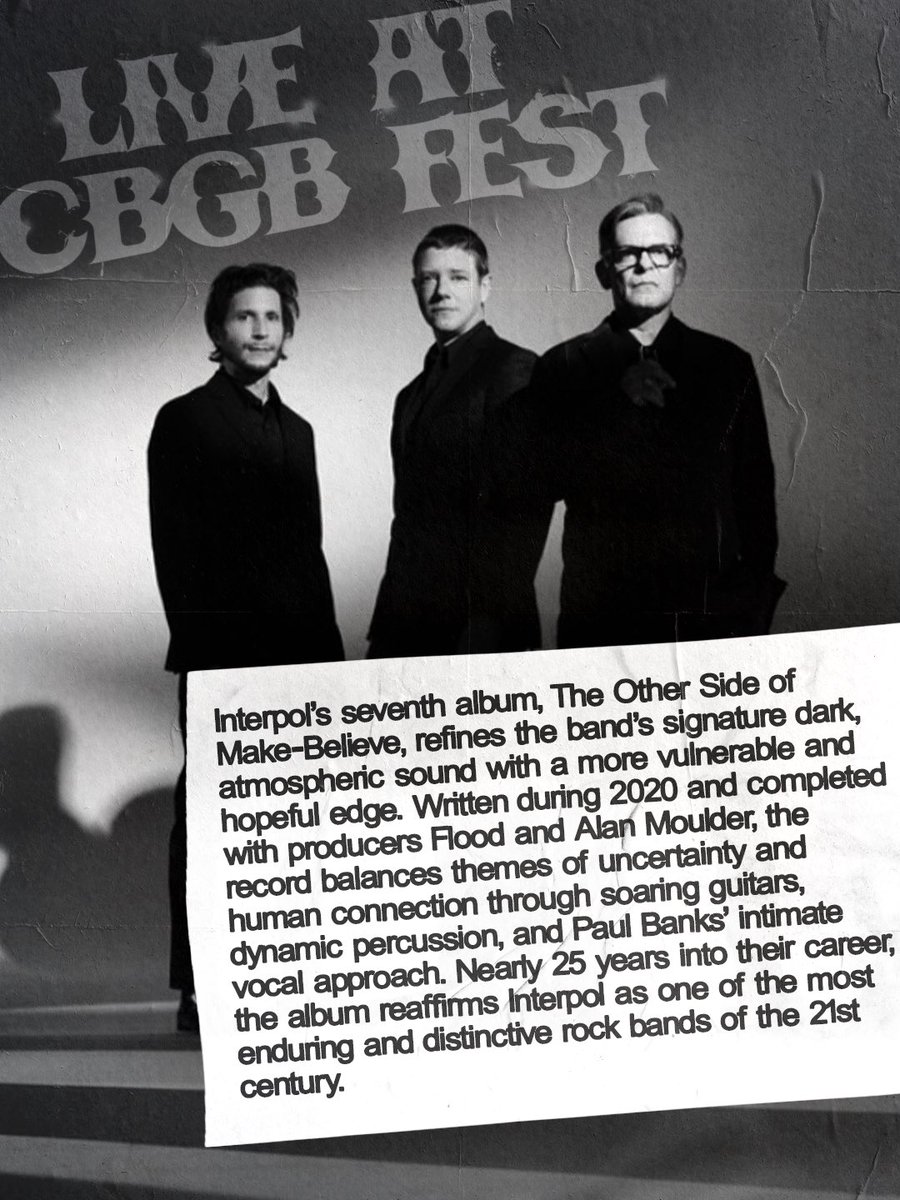 cbgbfest's tweet photo. See @interpol live at CBGB Fest this September 26 Under the K Bridge Park 🖤 
Get tickets now at https://t.co/S6sHrQol6x 🎸 https://t.co/6s9X8t2eAY