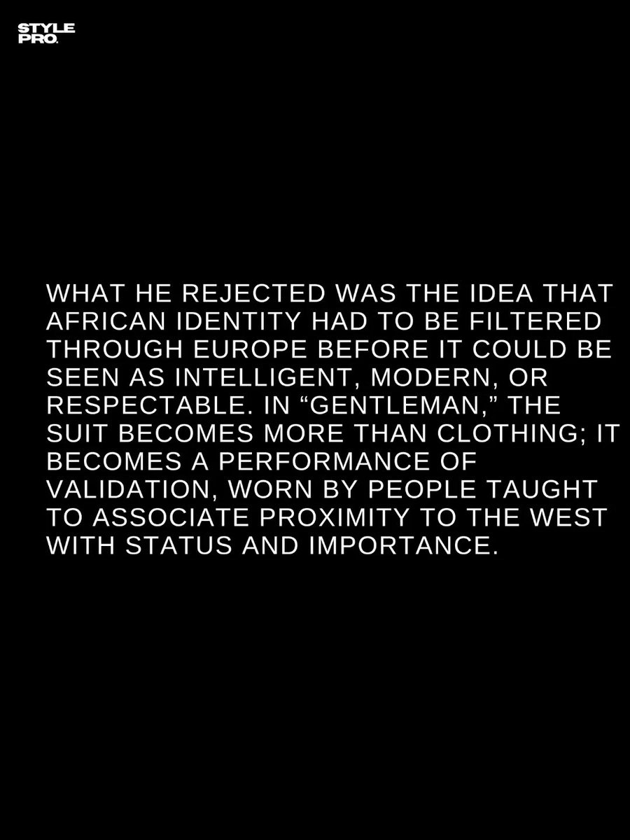 StyleproMag's tweet photo. Fela Kuti did not hate suits because they were foreign. He hated what they came to represent.

In “Gentleman,” the suit becomes more than clothing; it becomes a performance of validation, worn by people taught to associate Europe with sophistication, intelligence, and status.

The irony, of course, is that the “gentleman” is sweating inside the costume and still refuses to take it off.

But the conversation feels more complicated today.

Modern Nigerians exist inside a global economy where visibility often depends on proximity to the West. Designers seek Paris recognition, Afrobeats dominate foreign charts, and migration has become a survival strategy for many young people.

So, what happens to Fela’s rejection in this reality?

Is the suit still imitation, or has it become an adaptation?

“Why Fela Hated Suits” explores what “Gentleman” was really saying about validation, identity, and the uncomfortable tension between global ambition and local self-worth.