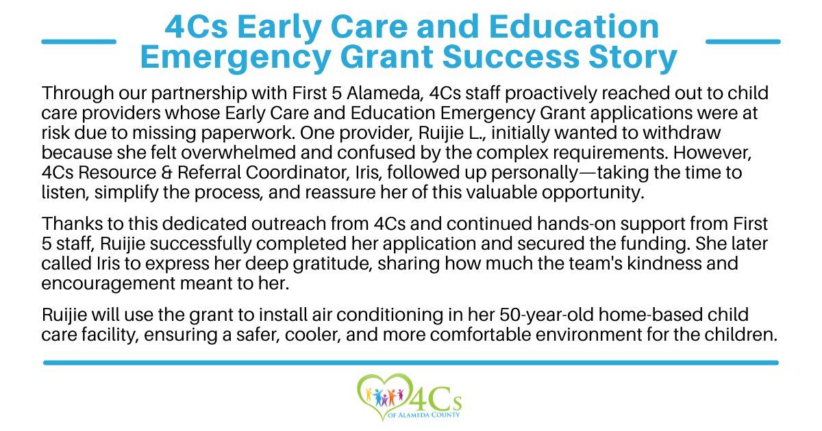 4CsofAlamedaCty's tweet photo. 4Cs is dedicated to helping local child care providers access vital funding and navigate the application process. While @First5Alameda's Early Care and Education Emergency Grants are closed, providers may still qualify for stipends/vouchers. Learn more at https://t.co/MOL63irPim. https://t.co/QlNK6RIlFc
