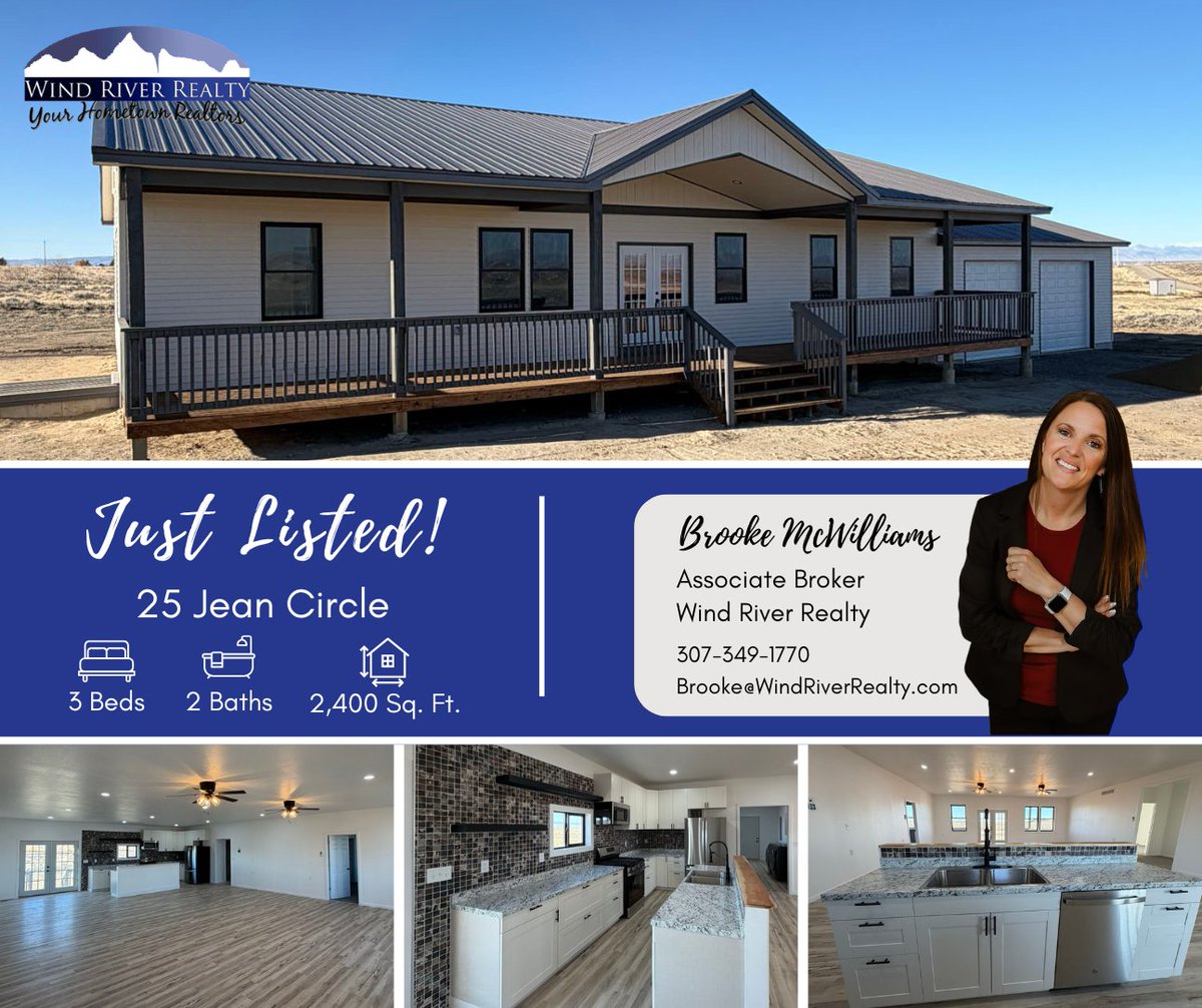 windriverrealty's tweet photo. 25 Jean Circle is a brand-new custom-built home on 2.31 just mins from town. Enjoy beautiful finishes, open-concept layout, 3 beds, 2 baths &amp; a 1,200 sq. ft. attached shop! See it now: https://t.co/EY46hBq5DT @WYHOMES https://t.co/Yilqq6Il2b