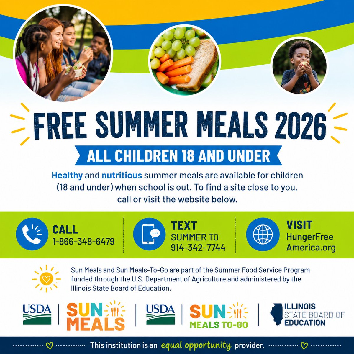 ipsd204's tweet photo. ☀️ Free Summer Meals are available for all children 18 &amp; under this summer! Healthy meals are available while school is out through the SUN Meals Program.

📞 1-866-348-6479
📱 Text “SUMMER” to 914-342-7744
💻 HungerFreeAmerica.orgPlease help spread the word! https://t.co/pvOMUiKaKd