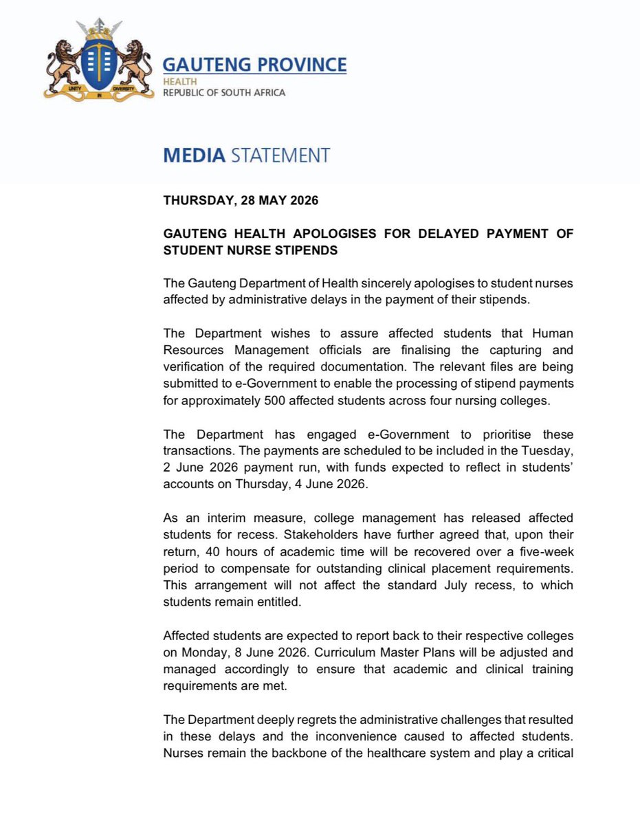 GautengHealth's tweet photo. MEDIA STATEMENT || GAUTENG HEALTH APOLOGISES FOR DELAYED PAYMENT OF
STUDENT NURSE STIPENDS https://t.co/QdJbdXmsws