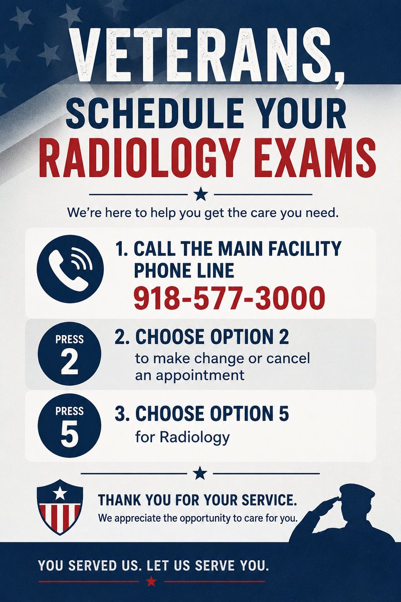 EasternOKVA's tweet photo. Enhanced Access to Radiology Scheduling for Veterans

Veterans now have more direct access to the Radiology scheduling team, making it easier than ever to manage their imaging appointments. 

By calling the main facility line at 918-577-3000, selecting option 2 to make, change, or cancel an appointment, and then option 5 for Radiology, Veterans can speak directly with scheduling staff. 

This streamlined process is designed to reduce wait times, improve access to care, and provide a better overall patient experience. Direct access to Radiology scheduling is part of the facility’s broader efforts to deliver prompt and efficient healthcare services to Veterans.