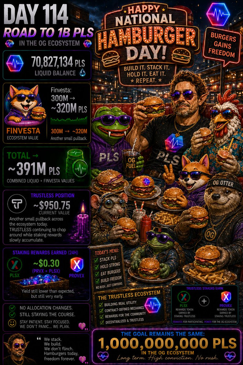 CryptJoMoon's tweet photo. Day 114 — Road to 1B PLS in the OG Ecosystem

70,827,134 PLS liquid

Finvesta:
300M → ~320M PLS

Total → ~391M PLS

TRUSTLESS position:
~$950.75 current value

Staking rewards earned (24h):
~$0.30
(PRVX + PLSX)
Another small pullback across the ecosystem today.

TRUSTLESS continuing to chop around while staking rewards slowly accumulate.
No allocation changes.
Still staying the course.