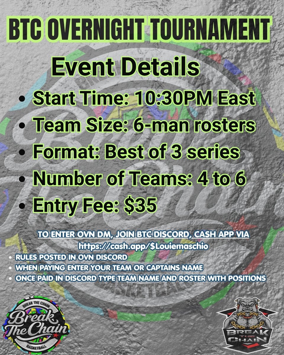 BreakTheChain2k's tweet photo. $35 overnight tonight! Need 4 teams to kick it off. Max 6! First 4 teams will receive $5 dollars off. 

- no tempo 
- immediate payout 
- team promotion 
- bo3 series! 

Sign up is in break the chain discord. Once you know you got 5 DM so we can get it going! 

@iNetworkSports https://t.co/eyZhwFqlR1