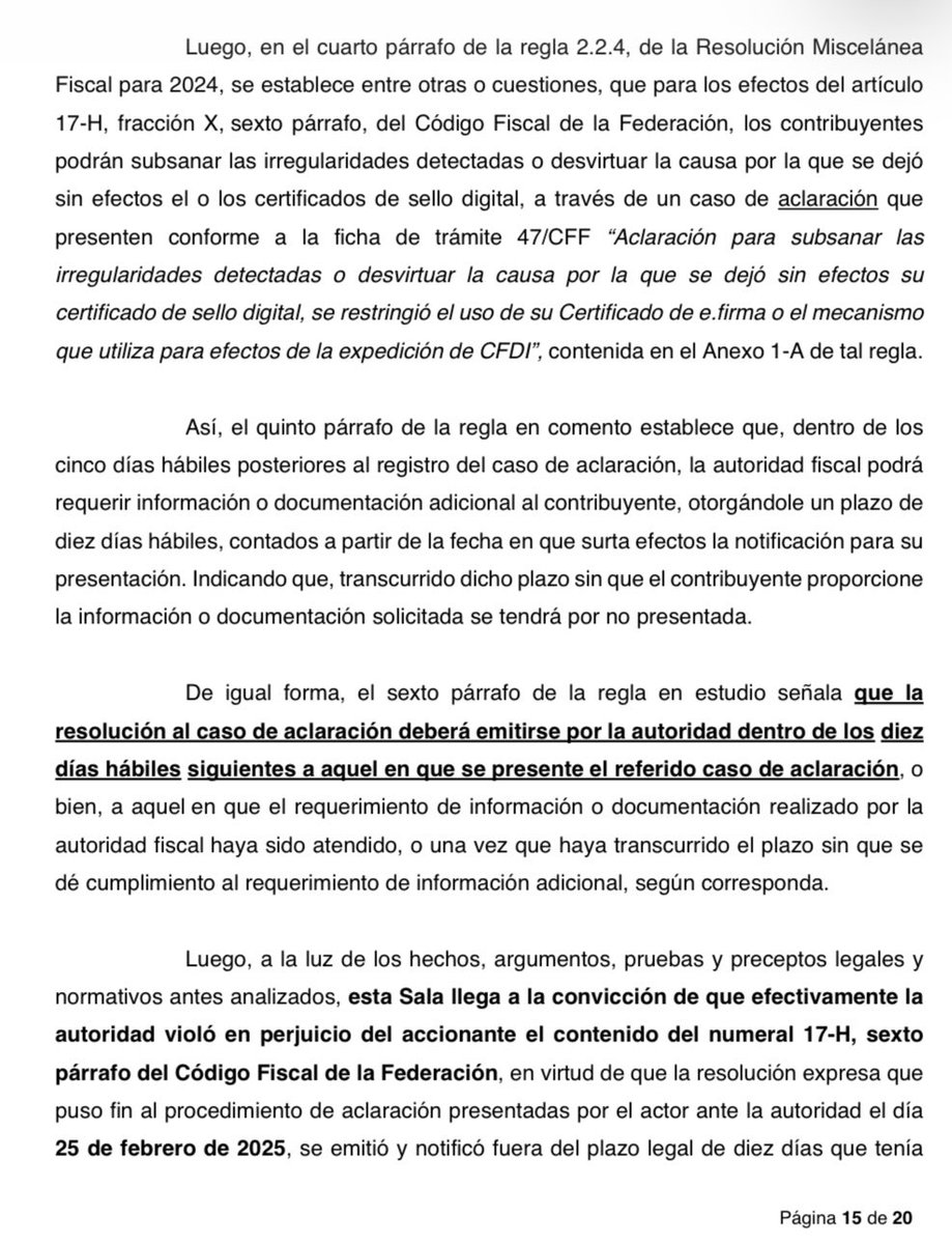MilanSilva17's tweet photo. JOYA:

👉El 17-H, 6 pr, del CFF, aún y cuando no establece sanción alguna en el supuesto de que no se dicte resolución en el plazo de 10 días en el proc. de aclaración, no es una norma imperfecta que carezca de sanción.

🚦Exp:  EXP: 980/25-01-02-8, 2nda Sala Baja California. https://t.co/yGDBeG63Gu