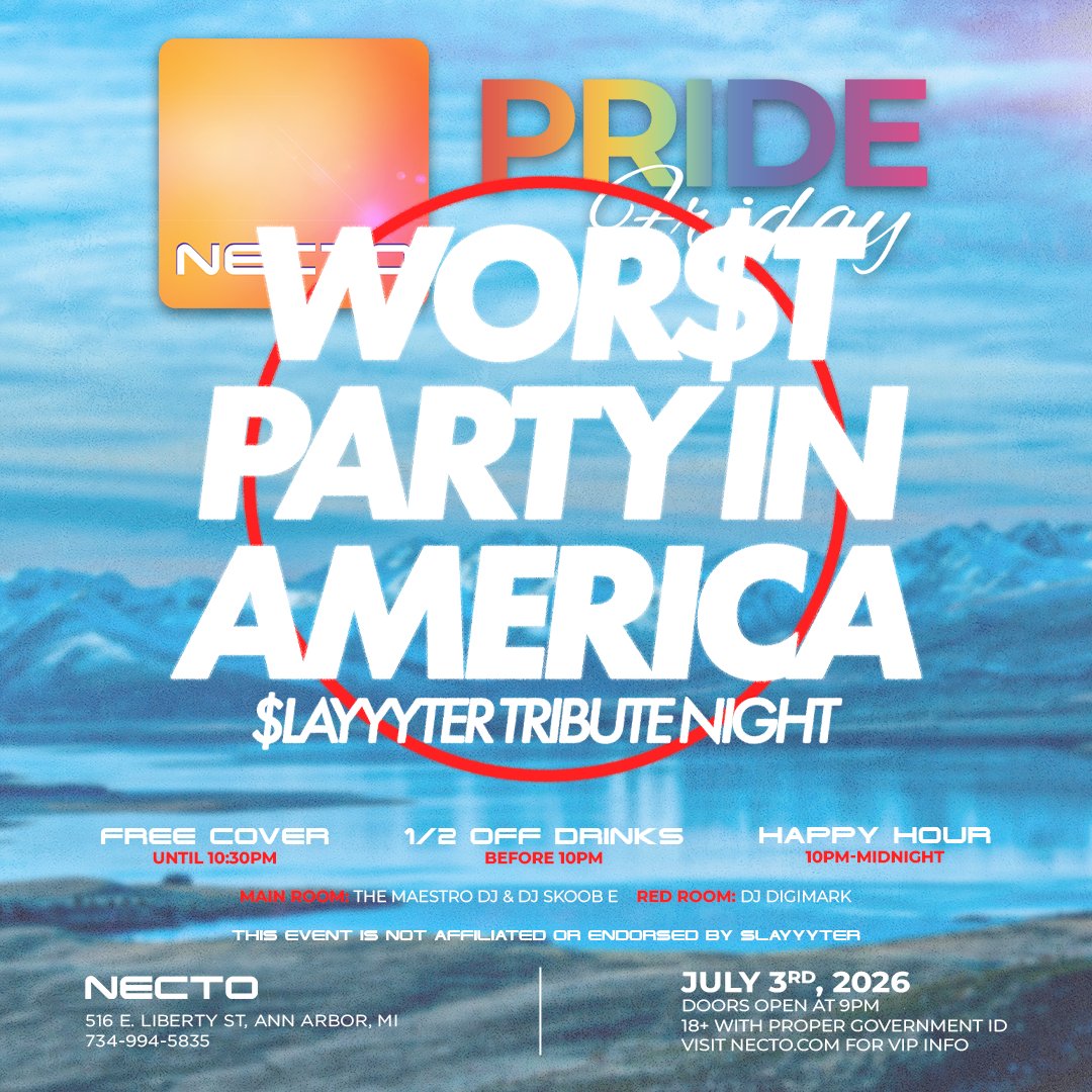 NectoPride's tweet photo. CRANK IT! ✨  We’re throwing the WOR$T PARTY IN AMERICA this July, partying to our favorite hits from Slayyyter and beyond. 🔥 

You don’t have to know the DJ; Cover is free until 10:30PM!👀 

Drinks are half off until 10PM and our happy hour specials run from 10PM to midnight!🍹 https://t.co/bIURwvloDw