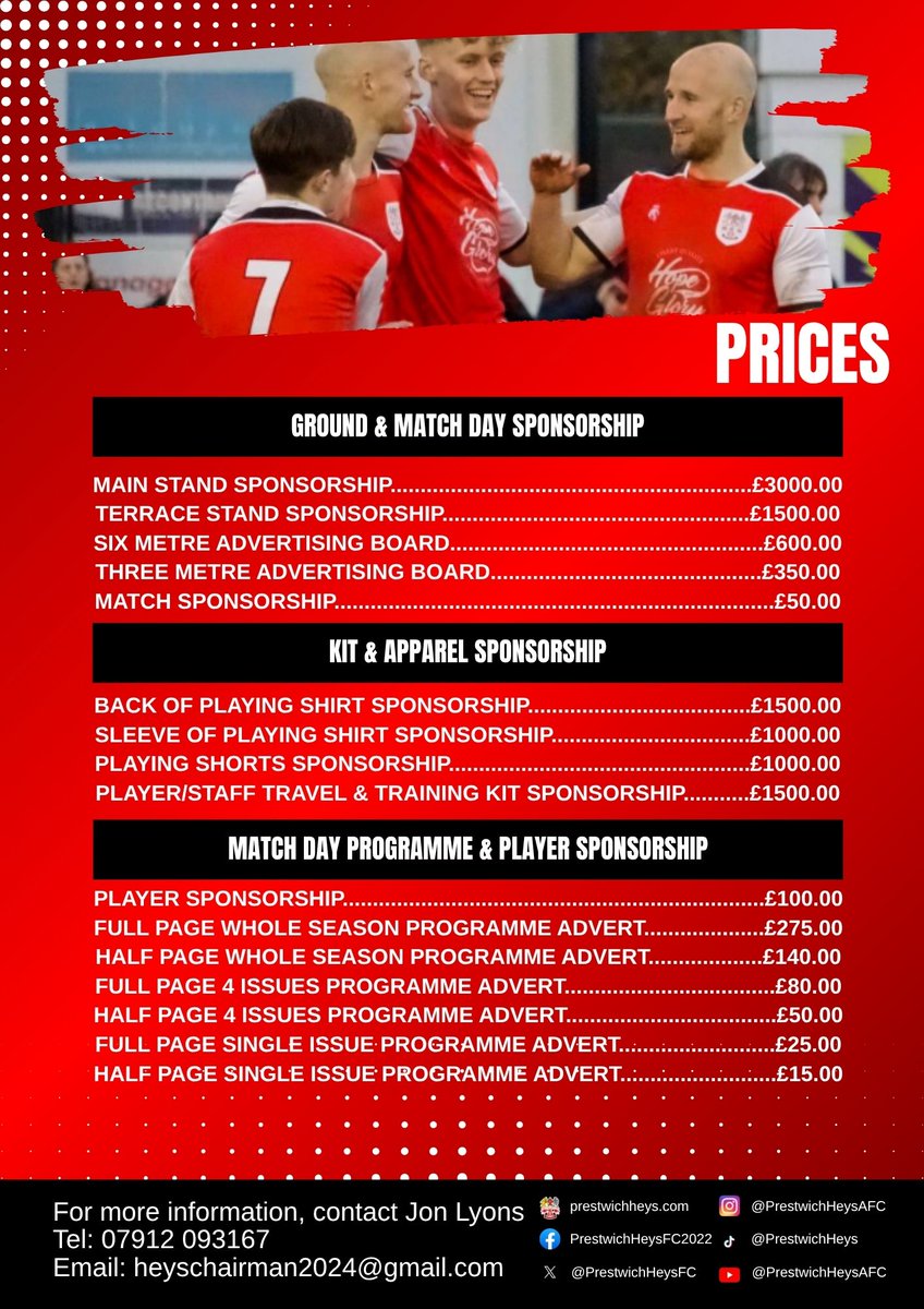 PrestwichHeysFC's tweet photo. 🔴 Partnership opportunities for the 2026/27 season with Prestwich Heys are now available 👇 https://t.co/g4lbY7ocLy