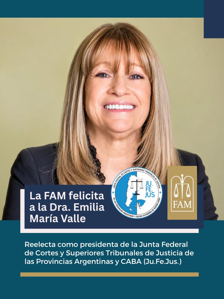 FAMyFJ's tweet photo. 👏🏻👏🏻Desde la FAM felicitamos a la Dra. Emilia María Valle por su reciente reelección como presidenta de Ju.Fe.Jus.👏🏻👏🏻

Celebramos este nuevo período de gestión y auguramos una etapa de trabajo conjunto y crecimiento institucional.

#FAM #FAM60Años #JuFeJus https://t.co/TLppRB0WPQ