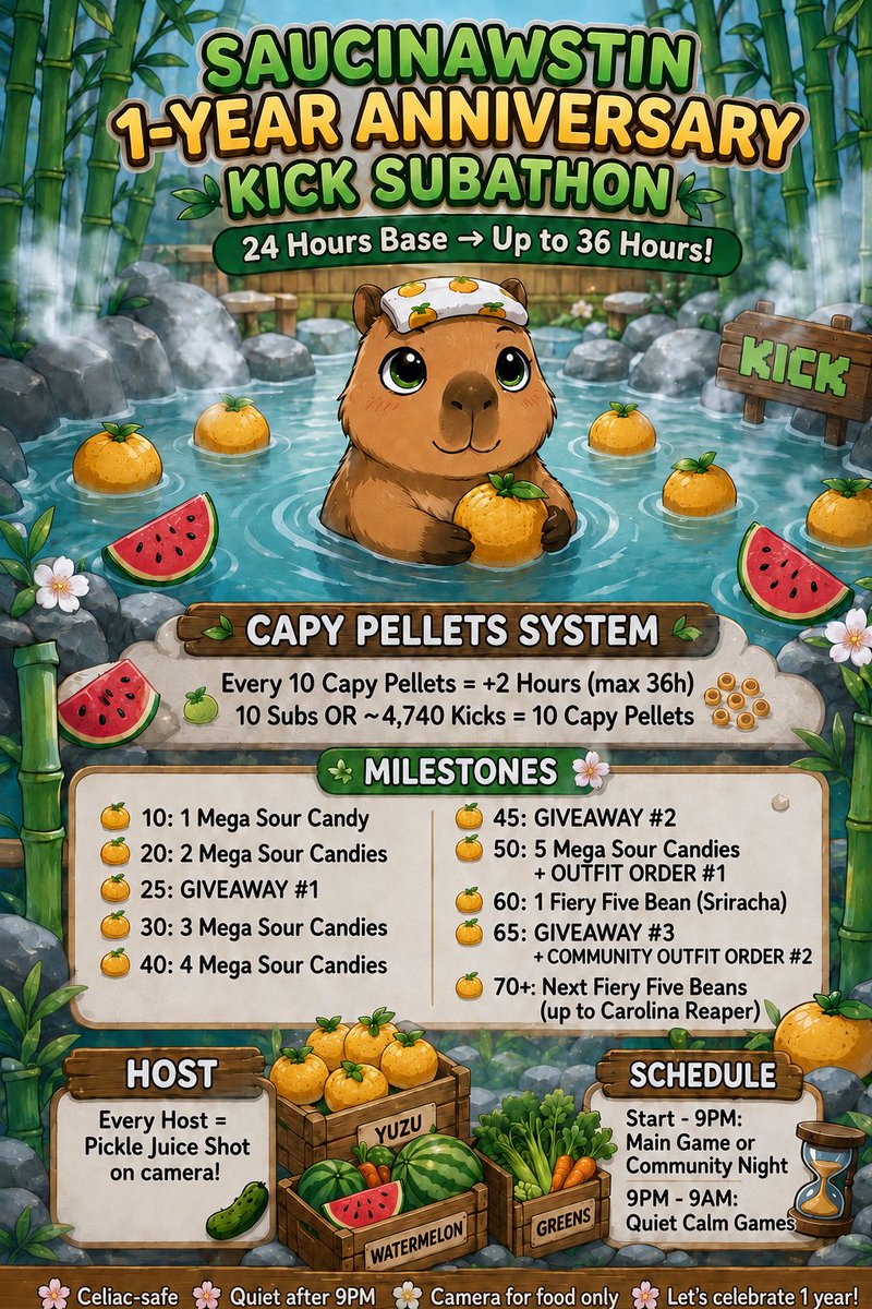 SaucinAwstin's tweet photo. SAUCINAWSTIN 1-YEAR ANNIVERSARY KICK SUBATHON IS HERE 🥳🍊

1 whole year as your Partner/Verified capy! Let’s celebrate with a 24hr base → up to 36hr subathon!

Every 10 Capy Pellets = +2 hours (max 36h)
10 Subs = 10 Pellets
~4,740 Kicks = 10 Pellets

Mega sour candy, Giveaways and Fiery Five Beans (Sriracha → Carolina Reaper) +outfit orders!!

HOST: Pickle juice shots on cam 😭
Celiac-safe • Quiet after 9PM • Food cam only

Starts June 2 @ 11am CST  Come kick it with your favorite Saucybara 🦫💚 https://t.co/cBiVZkONLU