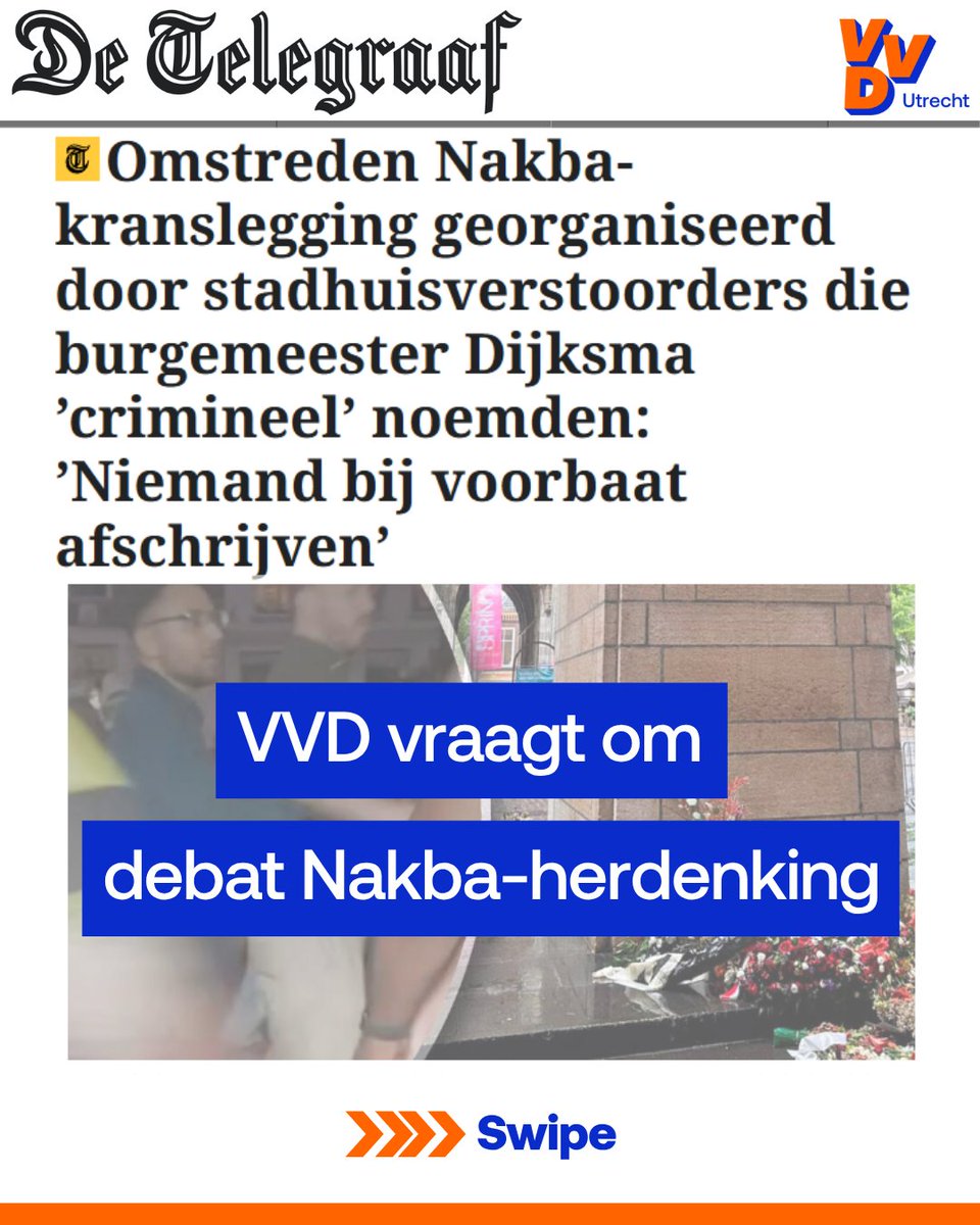VVDUtrecht's tweet photo. Er is veel ophef ontstaan over de Nakba-herdenking waar leden van het Utrechtse college aanwezig waren. De Utrechtse VVD had hierover vandaag vragen willen stellen, maar helaas zijn deze om procedurele redenen niet toegelaten op de agenda. 

1/2 https://t.co/O90lgrYRo3