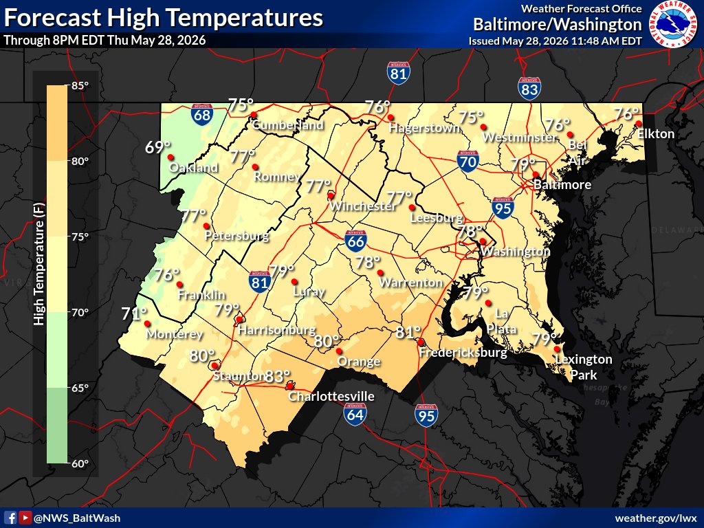 NWS_BaltWash's tweet photo. Temperatures are expected to top out in the mid 70s to lower 80s (60s mountains) this afternoon, which is near normal for late May. Dry weather and northwest breezes will continue, though a few extra clouds or a sprinkle can't be ruled out especially in northeast/central MD late. https://t.co/fd9JikwD2a