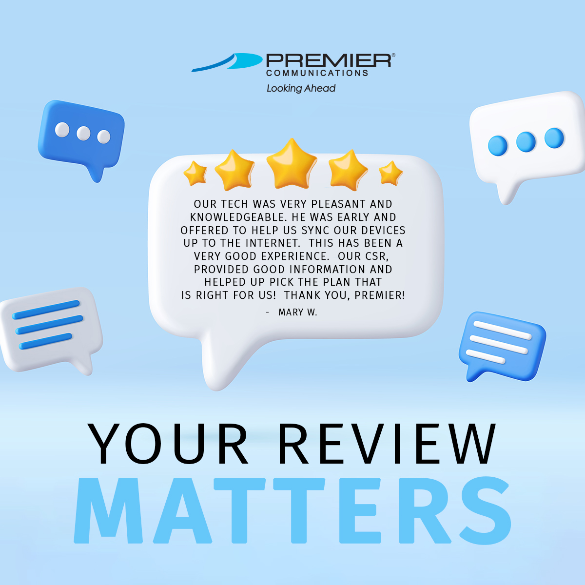PremierComm1's tweet photo. Service is more than what we do. It’s how we show up. 💙

At Premier Communications, we believe great internet should come with real people, local support, and a team that cares about doing things the right way.

Feedback like Mary's is a meaningful reminder of the values we live out every day such as being helpful, knowledgeable, approachable, and committed to making each customer experience a positive one from start to finish.

Our team is proud to do more than connect homes. We’re here to provide world-class services on a local level by helping customers feel informed, supported, and confident in their upgraded setup.

Looking for internet with support that’s close to home? 

Let’s get you connected. 🛜

🌐 https://t.co/GXeKRpQBEX | 📲 800-741-8351