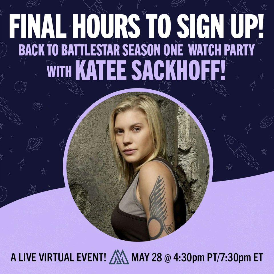 Stands's tweet photo. Morning everyone!! Final Hours to sign up for the Battlestar Season 1 Watch Party @BeMomentus event with Katee Sackoff! There are only 2 meet-and-greets left so snag one now if you want one. See you there, Cylons!⁠ ⁠ https://t.co/mh6kEPtym8 / Link in bio https://t.co/UlQUmUoMjY