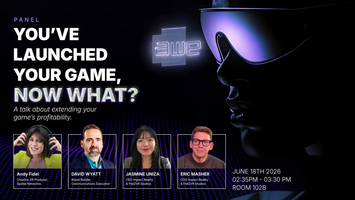 EricMasher's tweet photo. Im headed back to speak at @ARealityEvent this year on a panel with @VRwithJasmine David Wyatt and moderated by @AndyFidel_ the topic "You've Launched Your Game Now What" will be one you won't want to miss. https://t.co/x1U1ka1285