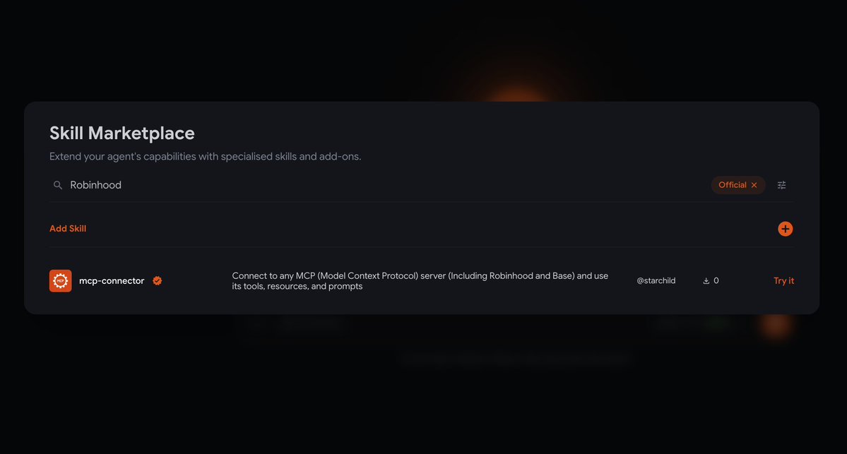 StarchildOnX's tweet photo. Want to try it out? Just click on Skills, search for "MCP"  and install the skill, then enter your Robinhood details https://t.co/4r8d5fW7tu