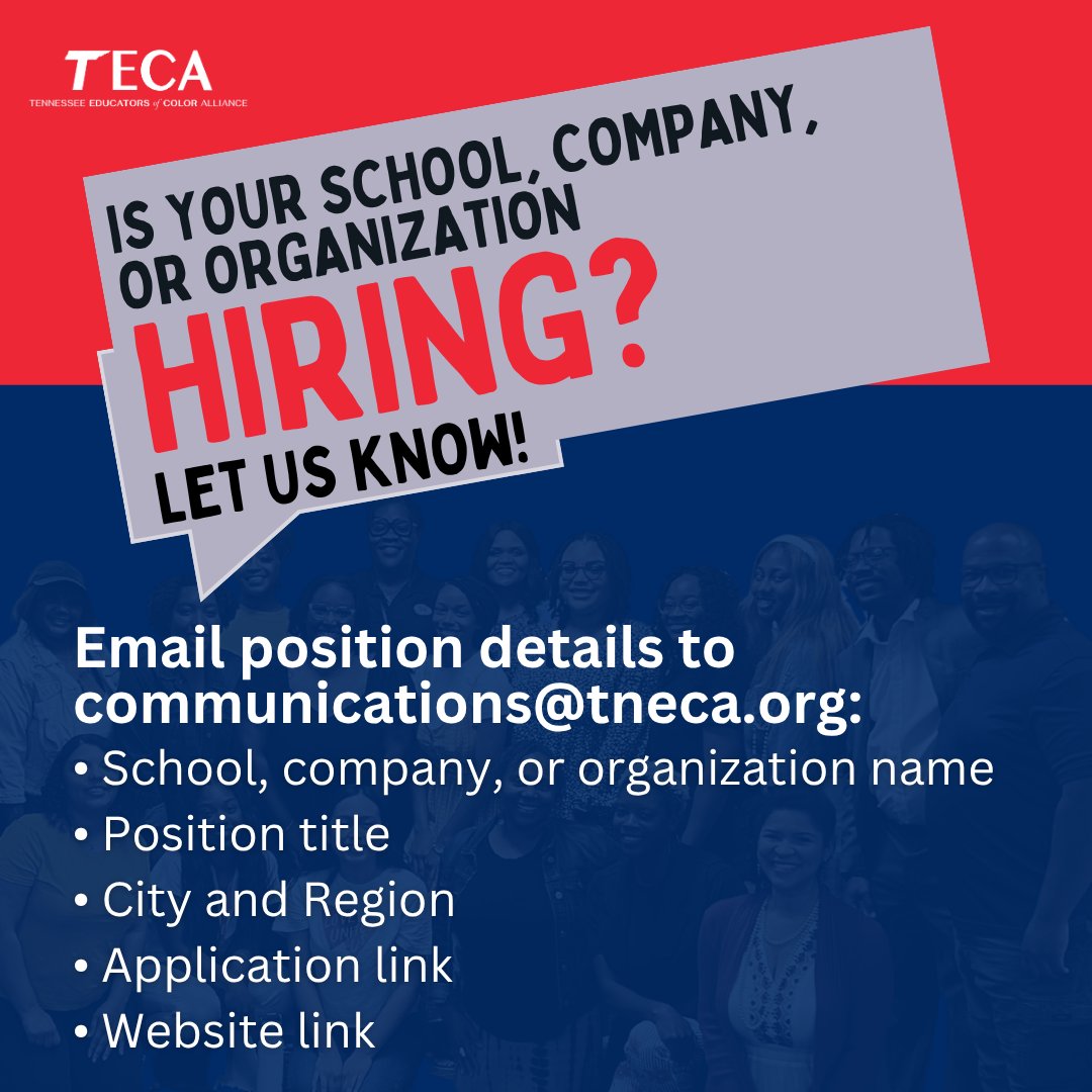 TNEdColorAllies's tweet photo. Are you hiring? TECA invites you to share your open positions! 
• Coaches
• Teachers
• Support Staff
• Administrators

✨ Email us the details to be included in our VOICES newsletter. https://t.co/O7CNlaTo9h
