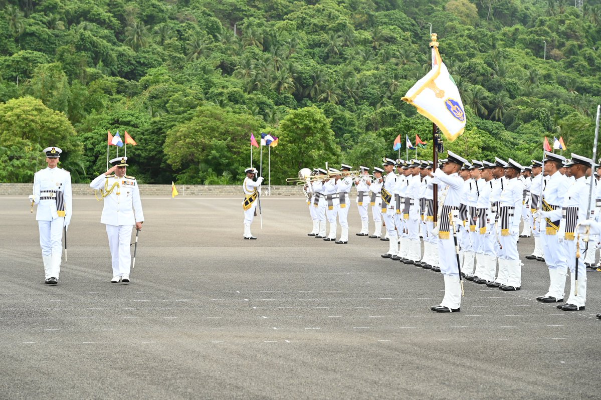 IN_NavalAcademy's tweet photo. At the majestic Passing Out Parade at Indian Naval Academy, 311 trainees of #IndianNavy #ICG  including 06 international cadets from Vietnam 🇻🇳, Seychelles 🇸🇨 and Tanzania 🇹🇿, marched proudly to the #AntimPag, marking the successful culmination of a long, demanding and transformative journey shaped by discipline, perseverance and naval ethos. ⚓🇮🇳

The parade was reviewed by Vice Admiral Sameer Saxena, AVSM, NM, Flag Officer Commanding-in-Chief, Southern Naval Command.

Addressing the trainees, he emphasised that technology, however advanced, can never substitute character and that leadership, courage, judgement and moral conviction will ultimately determine victory.

From the thunder of synchronised footsteps across the parade ground, to the poignant salute at the Quarter Deck and the emotional stripe-shipping ceremony conducted by proud parents, every moment embodied honour, resilience and the remarkable transformation of cadets into future leaders of a formidable maritime force.
#PassingOutParade #IndianNavalAcademy #POPST2026 #FutureNavalLeaders 
@indiannavy @IndiannavyMedia @IN_HQSNC @IN_HQENC @IN_WNC