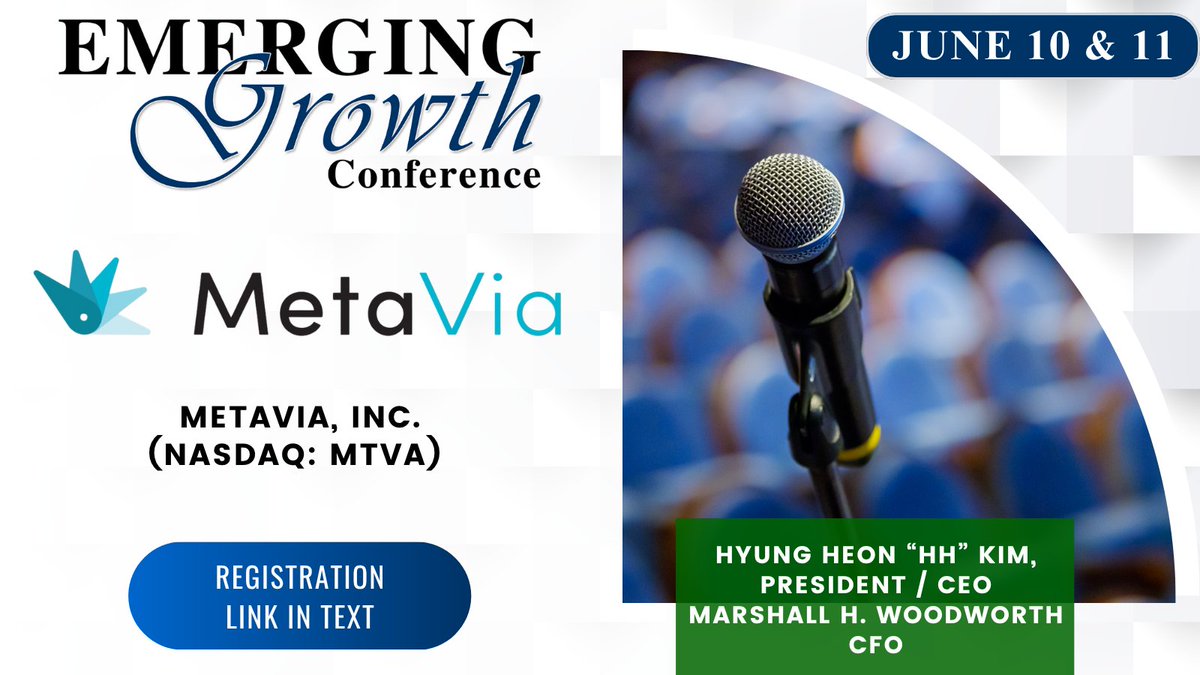 EmergingGrowthC's tweet photo. $MTVA  Live Emerging Growth Conference 93 - June 10 &amp; 11

Register:
https://t.co/Xykc2Ww2E8

Questions for the Company? Questions@EmergingGrowth.com

To Present on the Conference:
305-330-1985
Conference@EmergingGrowth.com https://t.co/WDfF5aIUZT