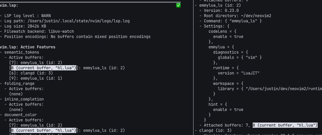 Neovim's tweet photo. :checkhealth improvements:

- ":che vim.lsp" highlights current buffer
- filewatchers, libuv resources
- builtin checks are always at top

https://t.co/lF6xvuPwyN https://t.co/fL695nUe6O