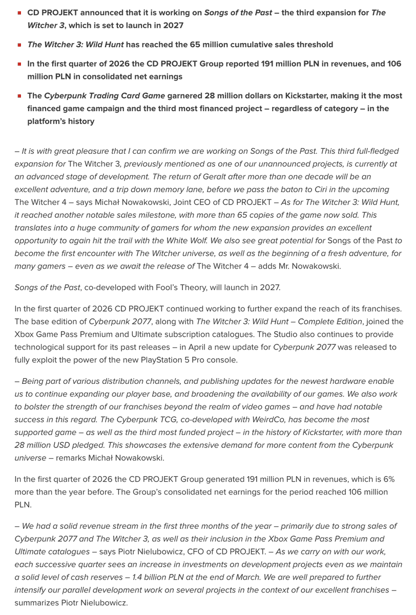 gamebowski's tweet photo. CD PROJEKT wraps up the first quarter of 2026. https://t.co/XgYDIR21gf https://t.co/kkj9zuc6by