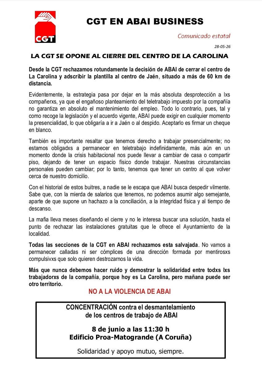 CGTEXTEL's tweet photo. La última de @GroupAbai: cerrar el centro de La Carolina y dejar en la cuerda floja cientos de puestos de trabajo.

Desde la CGT nos oponemos al cierre. https://t.co/SuleOAhJ0x