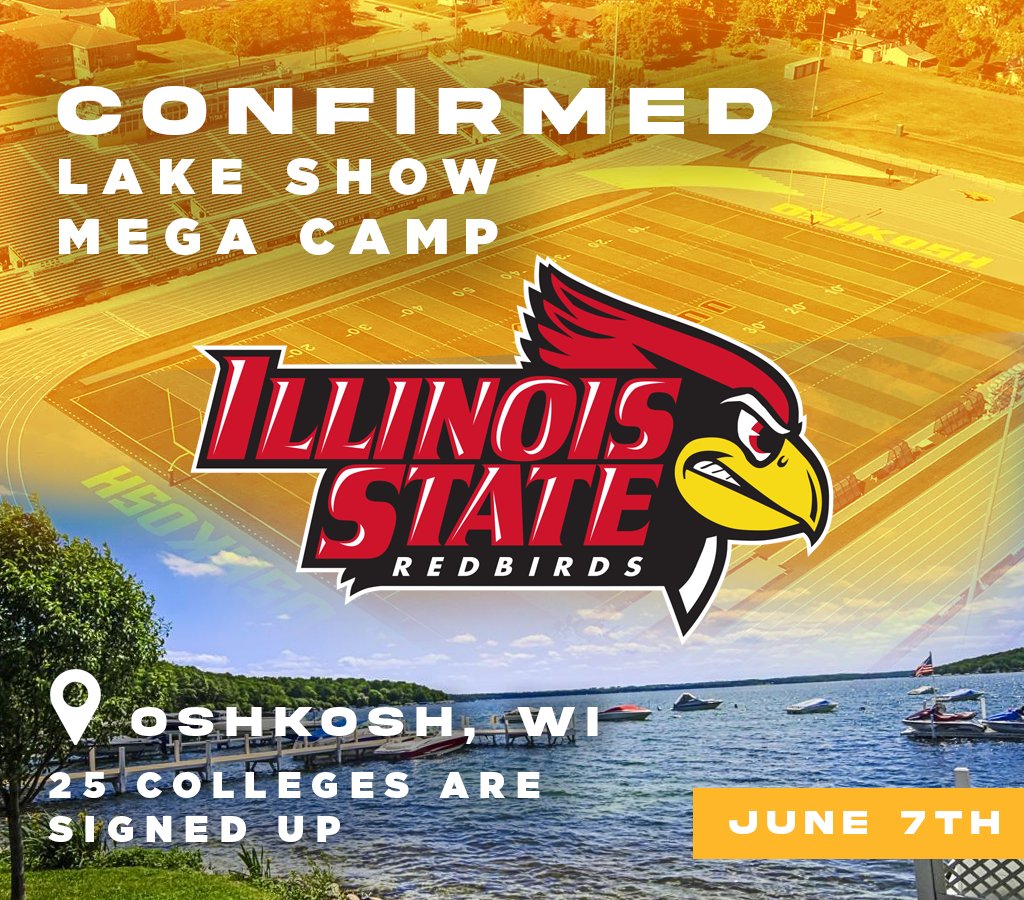 UWOFootball's tweet photo. 𝗟𝗔𝗞𝗘 𝗦𝗛𝗢𝗪 𝗠𝗘𝗚𝗔 𝗖𝗔𝗠𝗣 just got even bigger.

The Illinois State Redbirds are officially CONFIRMED for June 7th in Oshkosh.

🔗 https://t.co/SEzVmkI9TN | #GoldStandard https://t.co/8BiMSa5u64