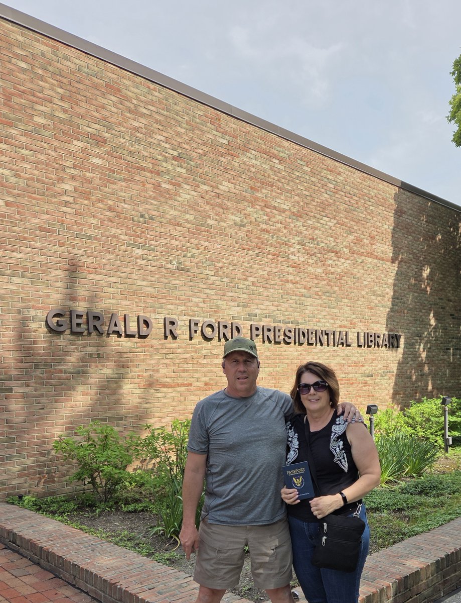 Ford_Library's tweet photo. Congratulations to Jackie and Bob who completed their Presidential Passport at the Gerald R. Ford Presidential Library! 🎉🎉🎉 

Starting the journey at the @HooverPresLib, over the past 13 years they have visited 13 NARA Presidential Libraries! https://t.co/zEGuzPjimc