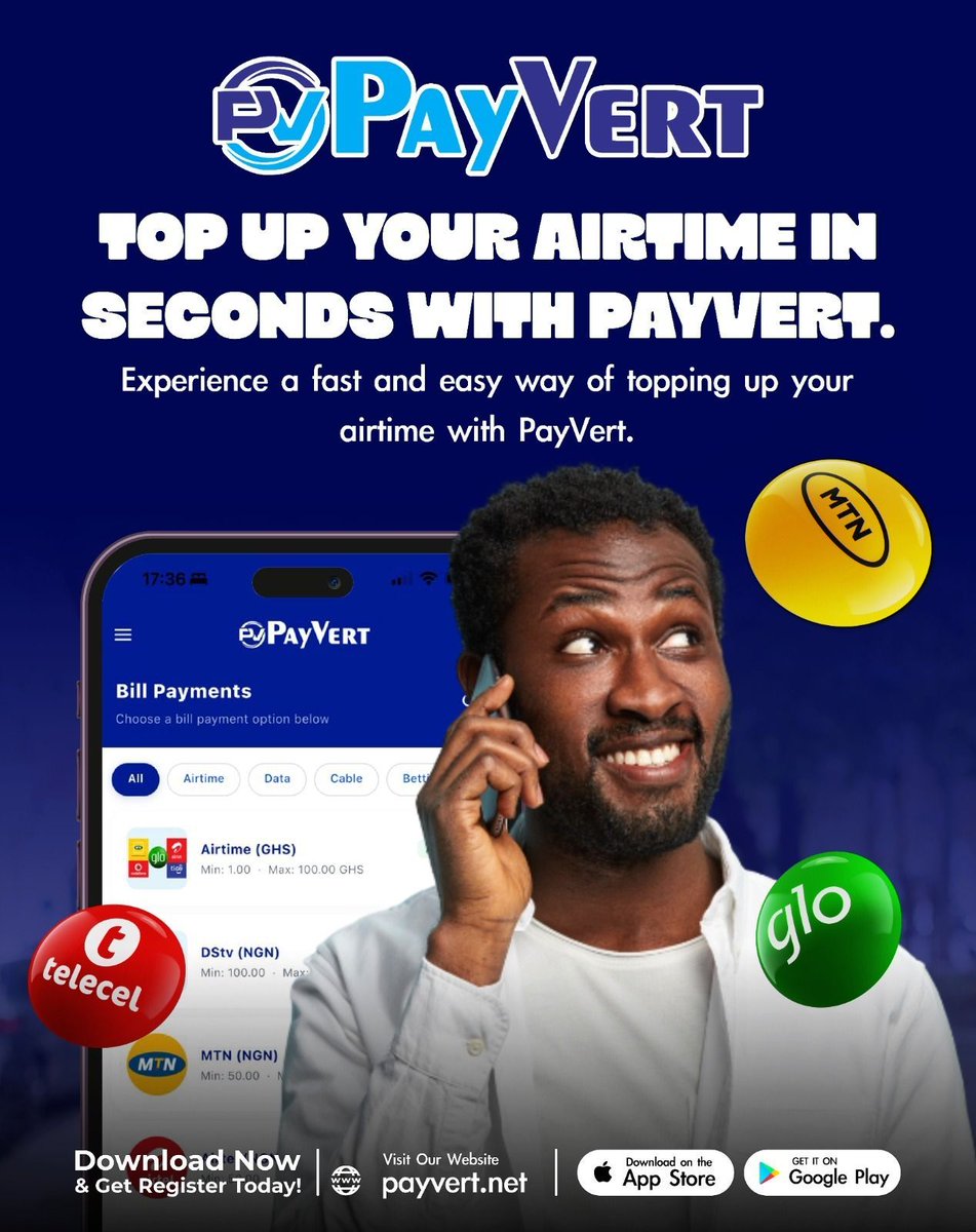 PayVert1's tweet photo. Need airtime instantly? 📱⚡
Purchase airtime the fast and easy way with Payvert — smooth transactions, great rates, and reliable service anytime you need it.

Download Payvert today and stay connected without stress. 💳✨

#payvert #airtimetopup #fasttransactionsahead #ghana #EasyPayments #digitalpayments
