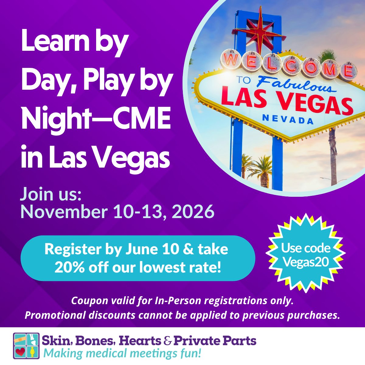 SkinBonesCME's tweet photo. CME in Las Vegas – Save 20%
Save 20% on our lowest rates through June 10 with promo code VEGAS20 at checkout. Limited-time offer!
https://t.co/t3c1GEZ9HO
#CMEConference #HealthcareProfessionals #NPs #PAs #physicians #NursePractitioners #PhysicianAssistants #MedicalProfessionals https://t.co/SuPUB5lBgj