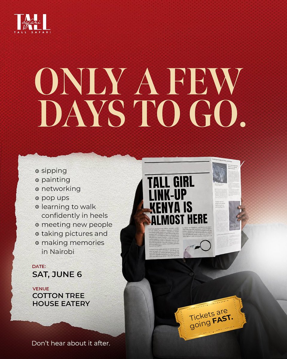 tallsafari's tweet photo. Tall Girl Link-Up Kenya is almost here! 

Very few tickets are left, and tickets will not be sold at the gate.

Secure your spot now through the link in our bio.

Don’t hear about it after.

June 6
Cotton Tree House Eatery

#TallGirlLinkUpKenya
#TallSafari
#NairobiEvents
#TallWomenCommunity 
#KenyaEvents