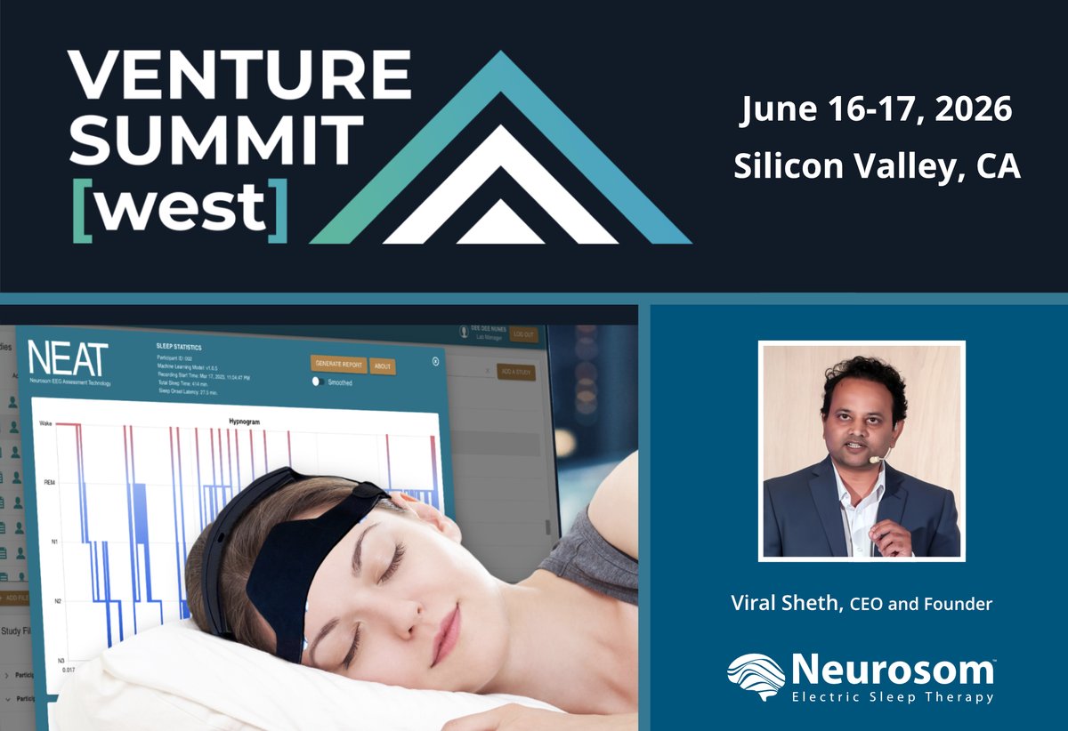 Neurosom110909's tweet photo. We’re delighted to announce that Neurosom will be presenting at the Summit West Investor Conference on June 16-17! Our CEO, Viral Sheth, will showcase how our FDA-approved AI-powered software, NEAT, is revolutionizing advanced sleep diagnostics
#VSW2026 #VentureSummitWest https://t.co/NOJzO1nWbs