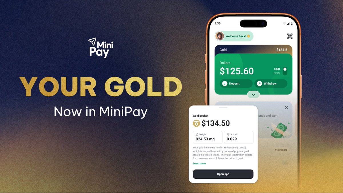 minipay's tweet photo. Gold is now on the MiniPay home screen.

When we launched the Buy Gold Mini App, the idea was simple: make gold easier to access from a mobile wallet.

Since then, more than 140,000 people have started holding digital gold in MiniPay, with over $4M in transaction volume. https://t.co/yK6mIuwlNB