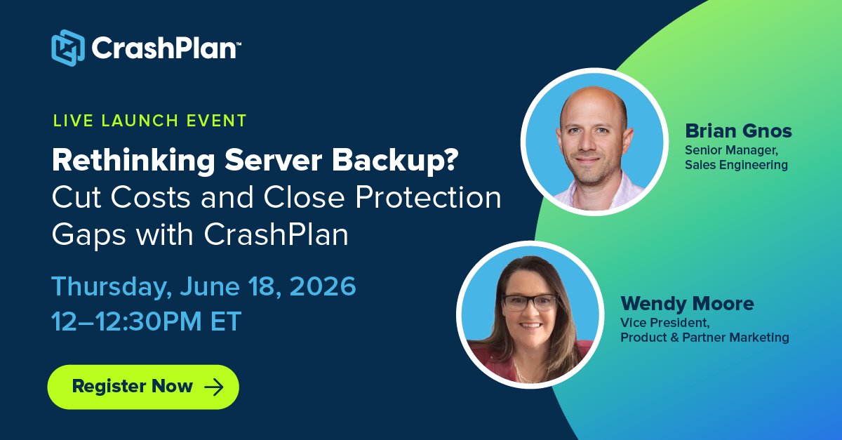 crashplan's tweet photo. 🔥 Your server backup strategy may be due for a reset. 🔥

Join us on Thursday, June 18 | 12 PM ET / 9 AM PT for a 30-minute live launch event introducing CrashPlan Backup & Recovery for Servers, the newest addition to the CrashPlan platform.

With Windows server support available now and Linux support planned next quarter, CrashPlan helps organizations right-size backup costs for targeted server workloads, including lower-priority data, legacy workloads, and departmental applications.

In this live event, you'll learn how to: 
✅ Reduce backup costs without a full rip-and-replace
✅ Identify the right server workloads for CrashPlan
✅ Calculate potential savings of 30–50% compared to legacy solutions
✅ Simplify backup and recovery across endpoints, Microsoft 365, Google Workspace, and servers

Register Now: https://t.co/fXClnLh87e

#DataProtection #BackupAndRecovery #ServerBackup