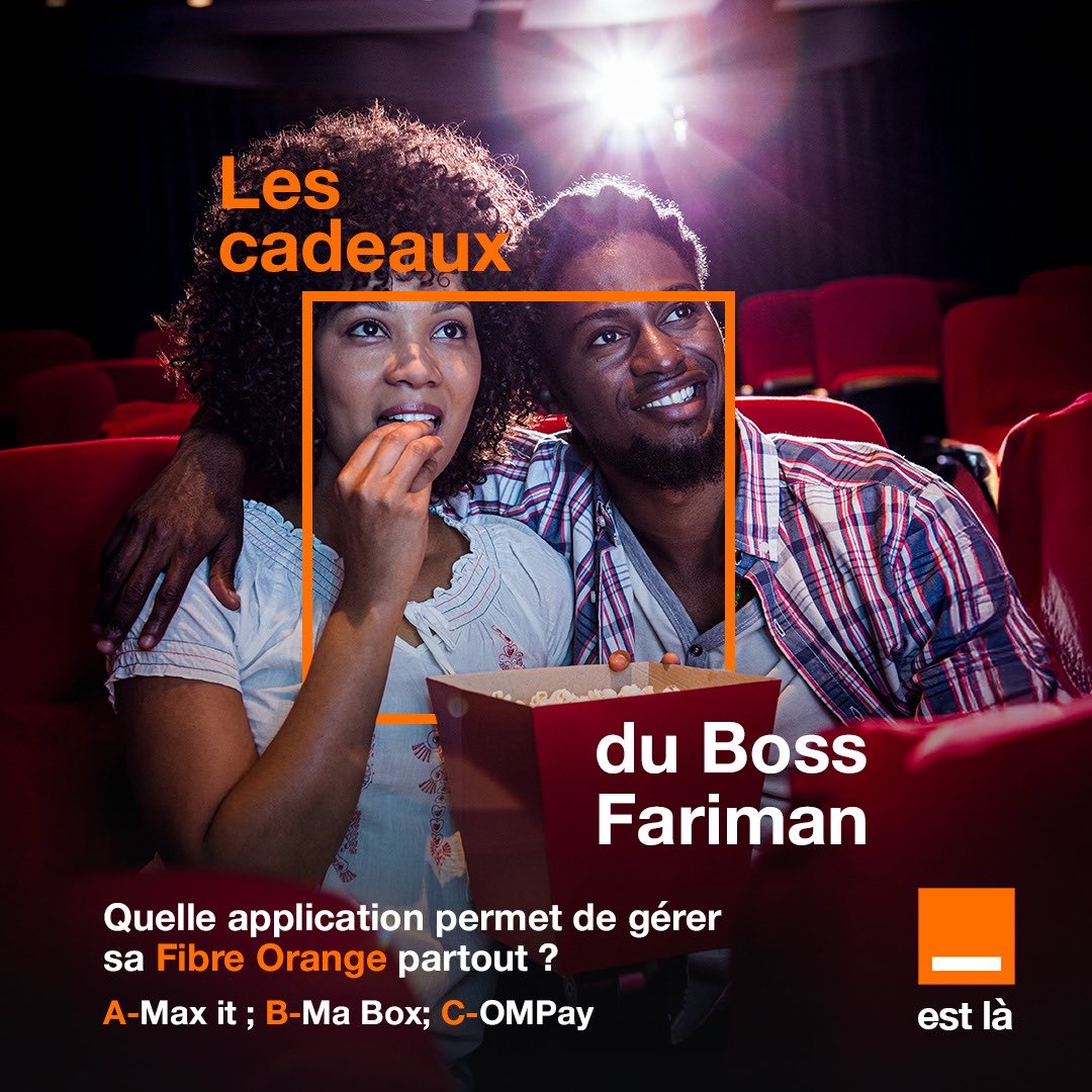 CI_Orange's tweet photo. 🎬 Client Fibre Orange ? Tentez de gagner 2 invitations pour notre Ciné Day ! 🍿🧡

👉 Quelle app permet de gérer sa Fibre Orange partout ?

Les 5 premières bonnes réponses gagnent chacune 2 invitations.
Réservé aux clients à jour de paiement.

#OrangeEstLà #FibreOrange https://t.co/6fmG6vnGw0