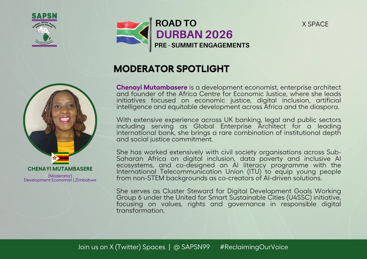 SAPSN99's tweet photo. 1 HOUR TO GO 🚨

We’ll be moderated by @zimbabweyauya, a development economist 

She works on economic justice, digital inclusion, AI, and equitable development across Africa and the diaspora.

Set a reminder here ⤵️

https://t.co/lkXktlmskO https://t.co/jeG70wQzxz