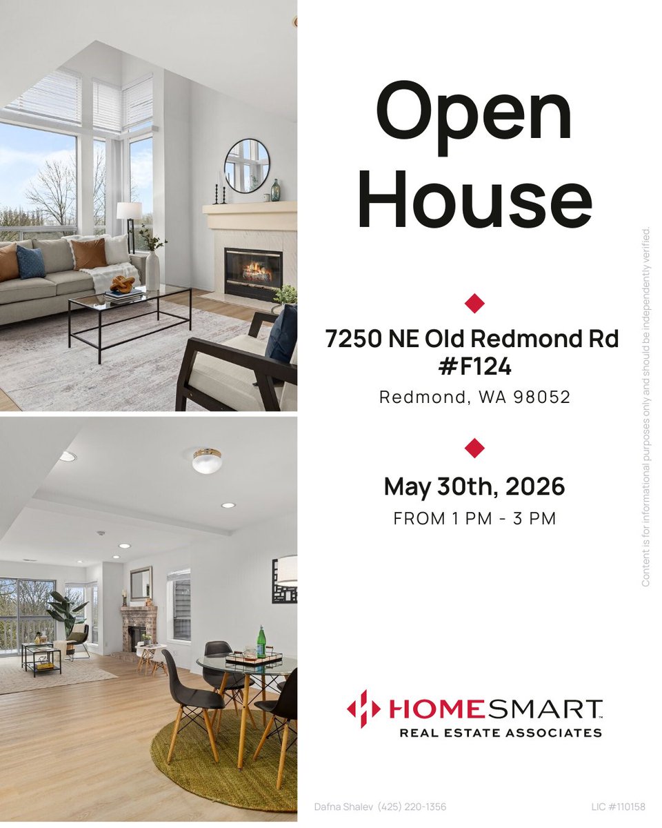 HomeSmartSells's tweet photo. Come say HELLO to Dafna Shalev at our Featured Open House! May 30th (1-3 PM), 2026. 7250 NE Old Redmond Rd Unit #F124, Redmond, WA 98052. Welcome to the Sought After Marymoor Trails in Redmond! 
#HomeSmart #OpenHouse #RedmondRealEstate https://t.co/LsNplfJPno