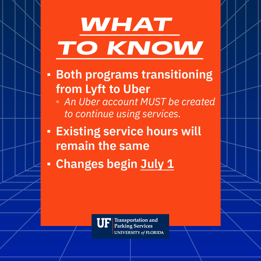 UFTAPS's tweet photo. 🚨TRANSPORTATION UPDATE🚨 The Campus Cab and Safe Rides programs are shifting from @Uber to @lyft starting JULY 1. 

For full details please visit https://t.co/6GwDrXV0Dh https://t.co/iwyINOpGoW