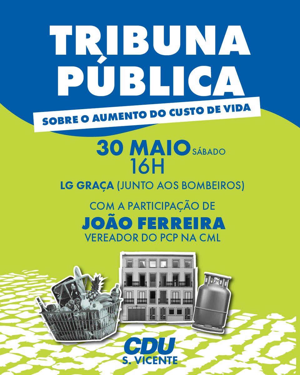 CduLisboa's tweet photo. No próximo sábado realiza-se uma tribuna pública da CDU no Largo da Graça, pelas 16h. Contará com a presença de João Ferreira, vereador do PCP na CML.

Discutiremos o aumento do custo de vida, quem são os responsáveis e de que forma são afetados aqueles que cá moram e trabalham. https://t.co/lvIqq3mwRS