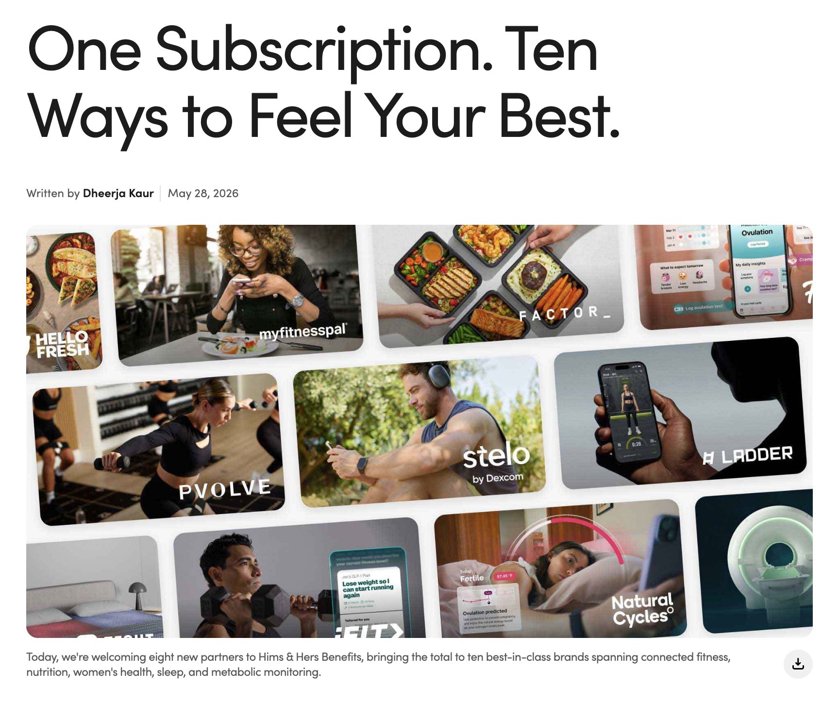 🚨 BREAKING: $HIMS EXPANDS BENEFITS PROGRAM, ADDS 9 NEW PARTNERS

iFIT, Ladder, PVOLVE Studios, HelloFresh, Factor, MyFitnessPal, Stelo by Dexcom, Flo Health, and Natural Cycles

@dheerja: "A subscription shouldn’t just give you access to treatment. It should support everything