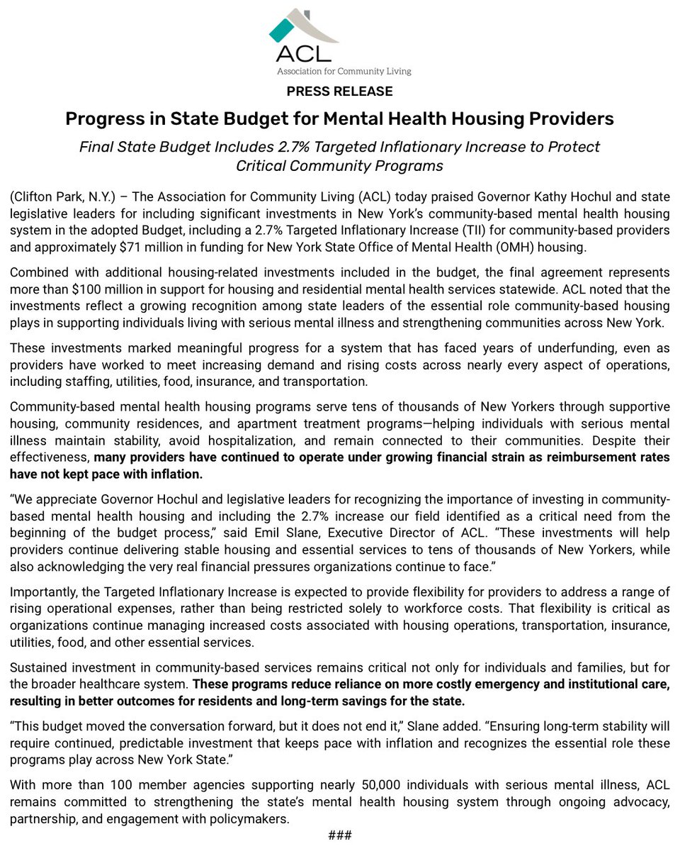 ACLNYS's tweet photo. Great news! The final 2026-2027 NY State Budget includes a 2.7% flexible Targeted Inflationary Increase &amp; $71 million for supportive housing investments!

Our press release can also be found here: https://t.co/HYEJIaluJf
.
#BringItHomeNYS https://t.co/Bo5kkuAbr3