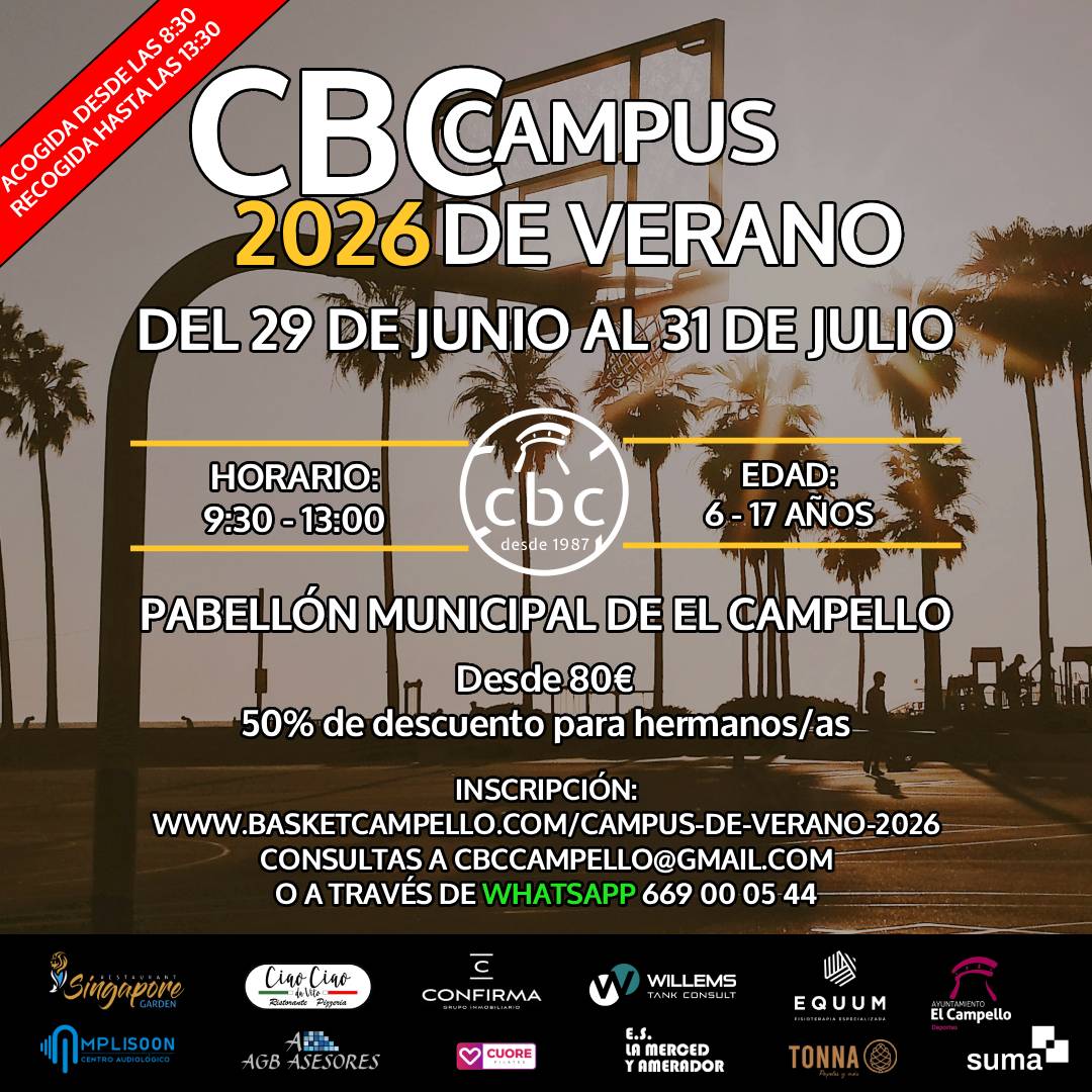 campellocb's tweet photo. 🏀☀️ CAMPUS DE VERANO CBC 2026 ☀️🏀

Del 29 de junio al 31 de julio en el Pabellón Municipal de El Campello 💙💛

💰 Desde 80€ | 👨‍👩‍👧 -50% hermanos/as
👉 Inscríbete: https://t.co/gfBTeGJvd3

Colabora la Concejalía de Deportes del Ayuntamiento de El Campello https://t.co/XjCJOLZQyb