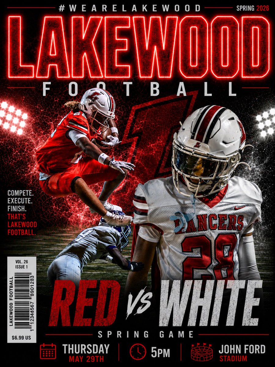 Floatie_Flo's tweet photo. Lakewood community come out this evening for our annual RED vs WHITE game @  John Ford stadium🚨 🏈🏟️
Meet the team, coaches and everyone that is a part of moving this program forward. 
Kickoff starts @ 5pm ⚔️🛡️#WeAreLakewood https://t.co/5NKuilpO5C